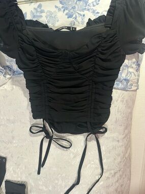 Black Ruched Square-Neck Crop Top with Tie Details